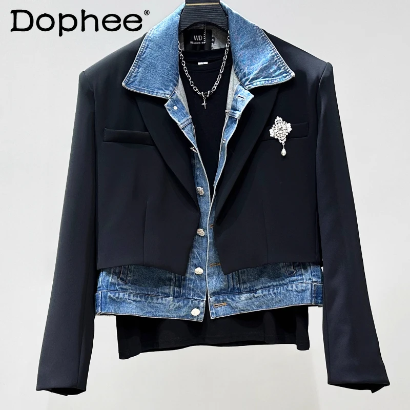 

2025 мужские осенние новые джинсовые пиджаки из искусственного двух предметов, мужские модные короткие стильные пальто на заказ, костюм с подкладкой на плечах, куртки