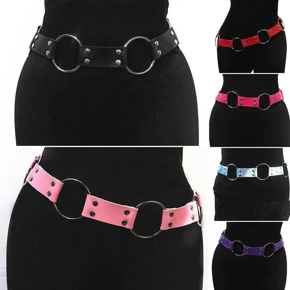 Fashion Women Gothic Punk Waist Belt Metal Circle Ring Design Silver Pin Buckle Leather Black Waistband Jeans Waist Belts