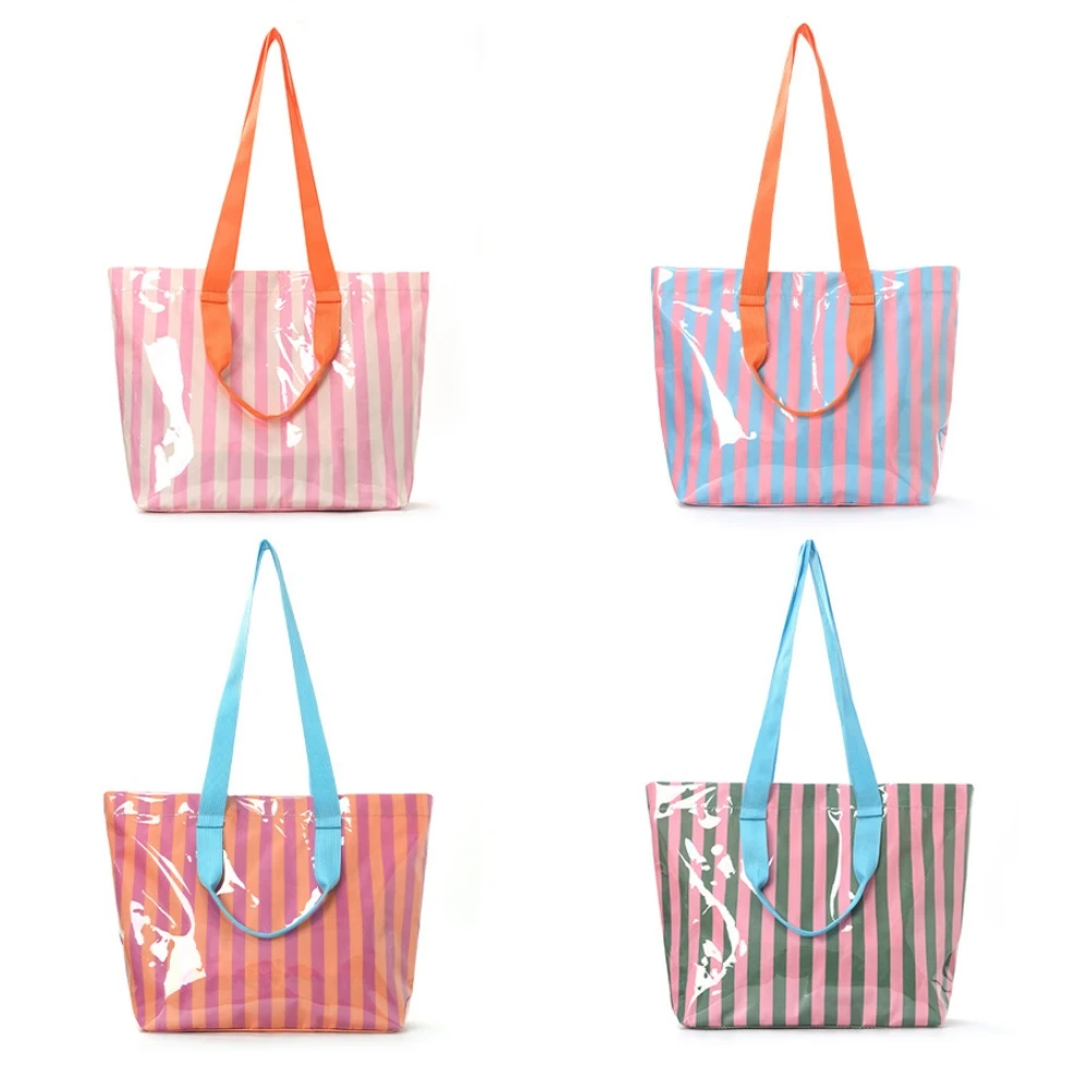 Colorful Striped Tote Bag for Women Waterproof Large Capacity Shoulder Bag Lightweight Reusable Shopping Bag Beach Travel Totes