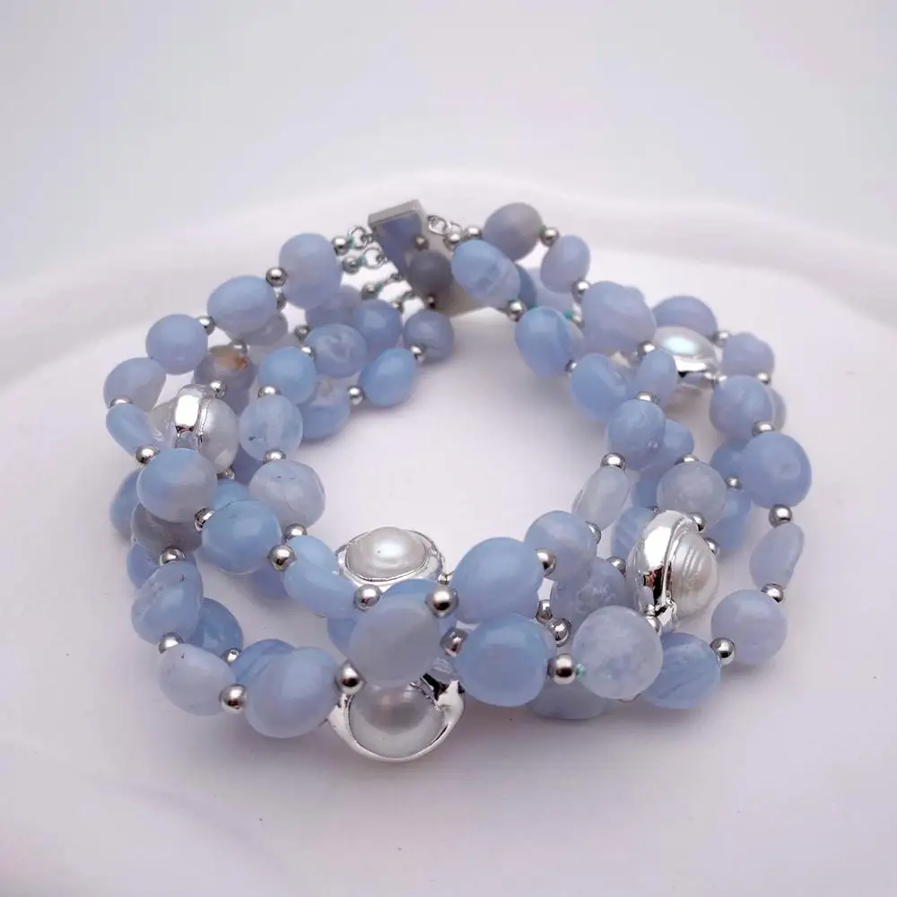 Y·YING 5 Strands Natural Blue Lace Agate Cultured White Pearl Beaded Bracelet