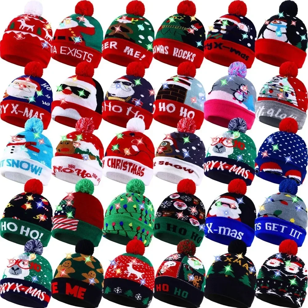 

30 Pcs Light Up Christmas Beanie Hats Bulk Xmas LED Knitted Beanie Hat Unisex Winter Hats with Light Colorful Holida