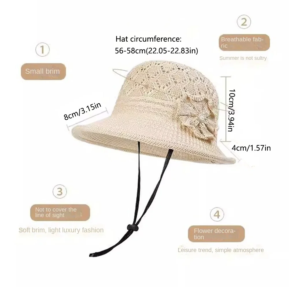 Sombrero tejido de perlas y flores con protección solar, sombrero para el sol con flores trenzadas plegables, hueco, cómodo de llevar, sombrero de cubo tejido Unisex