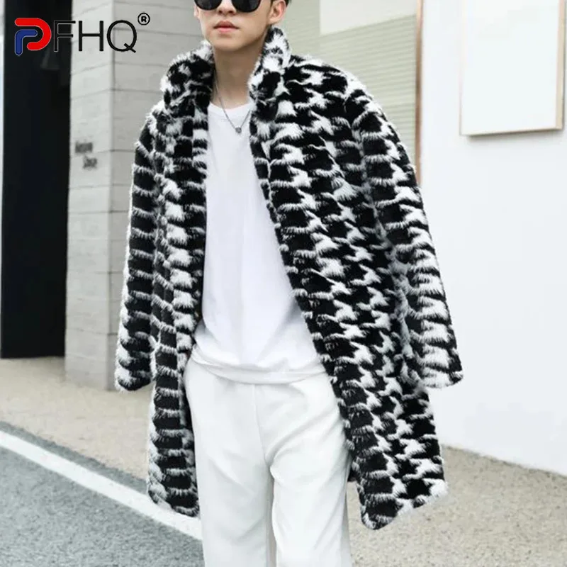 Pfhq casaco de inverno masculino gola 2024 imitação de pele contraste cor coreia moda casual masculino topos soltos 21z7620