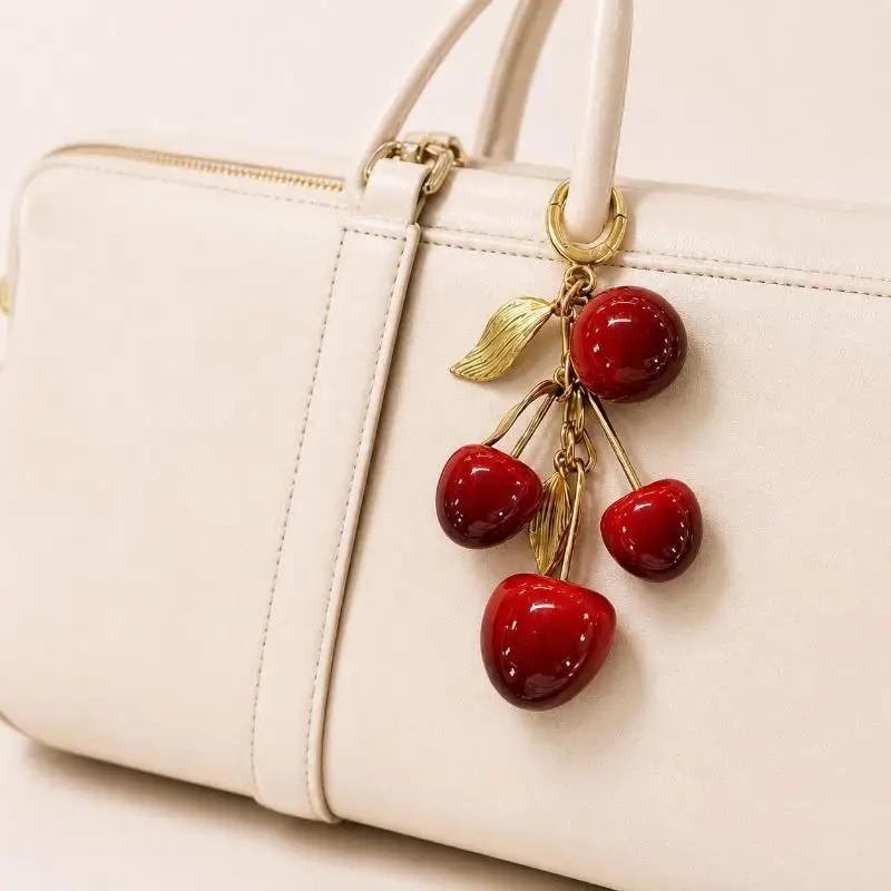 Vintage Kirsch-Taschenanhänger Schlüsselanhänger Rote Kirsche Anhänger Niedliches Handtaschen-Accessoire Eleganter Schlüsselring für Autoschlüssel & Taschendekoration – Detail 1