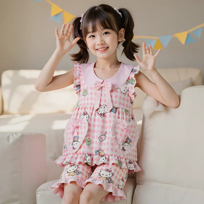 

Детские пижамные комплекты Sanrio Hello Kitty, кавайная домашняя одежда для девочек, костюм, женская ночная рубашка, одежда для родителей и детей, новинка
