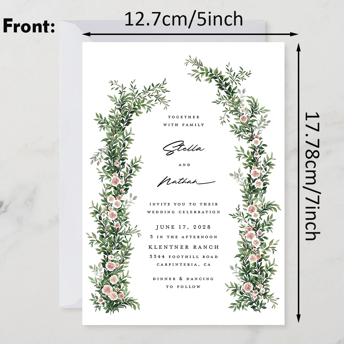 

Simple and elegant wedding invitation card. The invitation supports customization of name, date and address