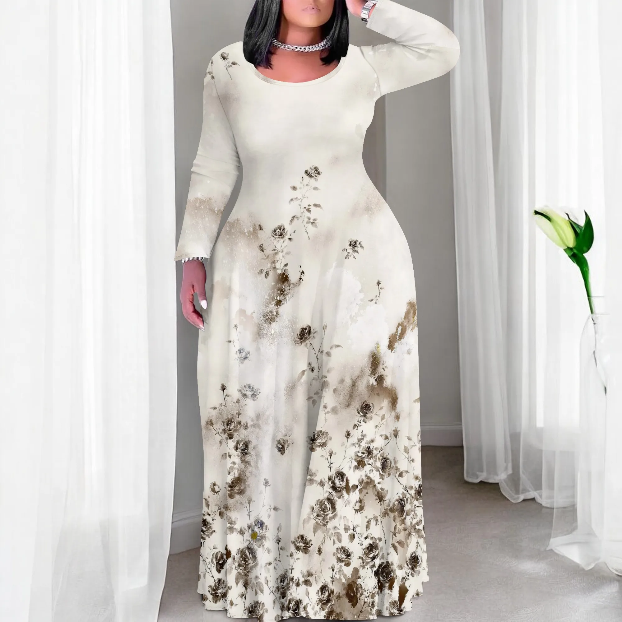 

Women's Blue Tropical Crew Neck Long Sleeve Printed Maxi Dress Polyester with Pockets Beach Summer