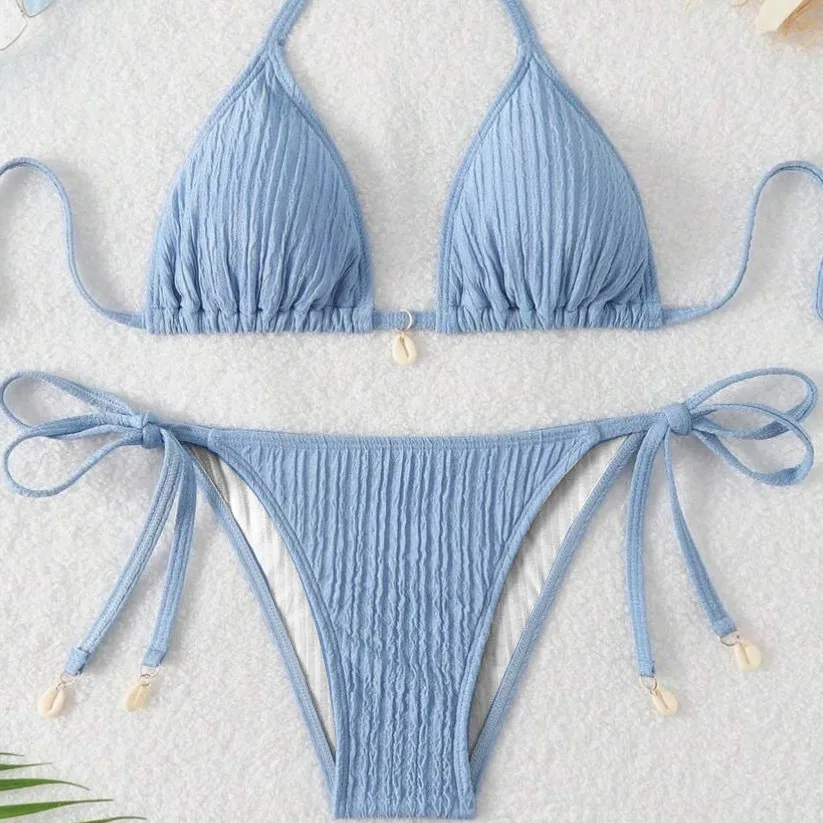 

Women Light Blue Textured Bikini Set with Shell Pendant Halter Triangle Swimsuit Side Tie Bathing Suit Beachwear