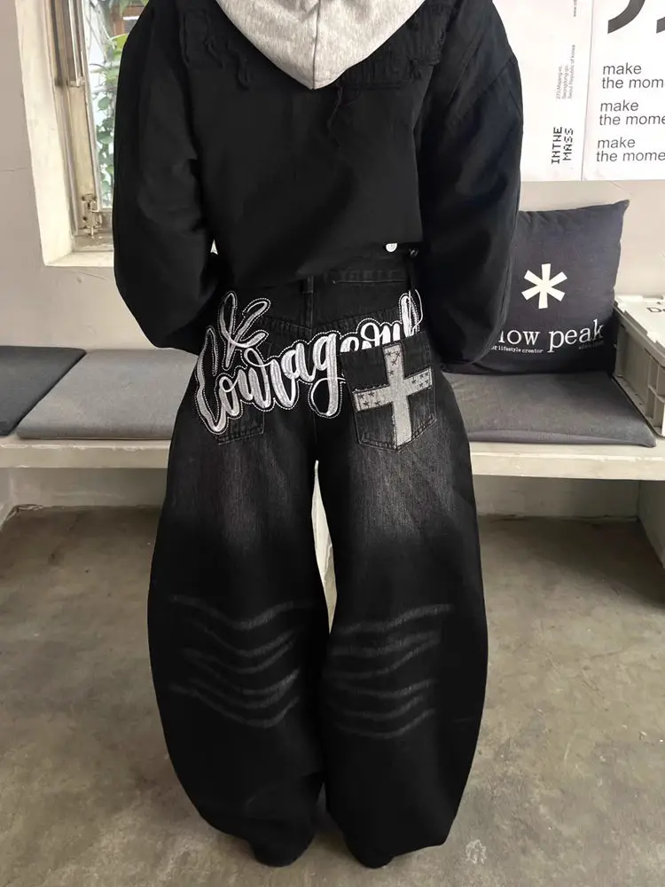 

Y2K Aesthetics Women's American Retro Wash Cargo Jeans Harajuku Scimitar Wide Leg Denim Pants Baggy Trousers Gothic Streetwear