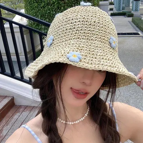 Imagen 2 del producto Sombrero de pescador de paja con diseño de flores, sombrero de paja trenzado de verano para mujer, sombrilla transpirable para vacaciones y playa, sombrero de Panamá, nueva gorra para el sol 2025