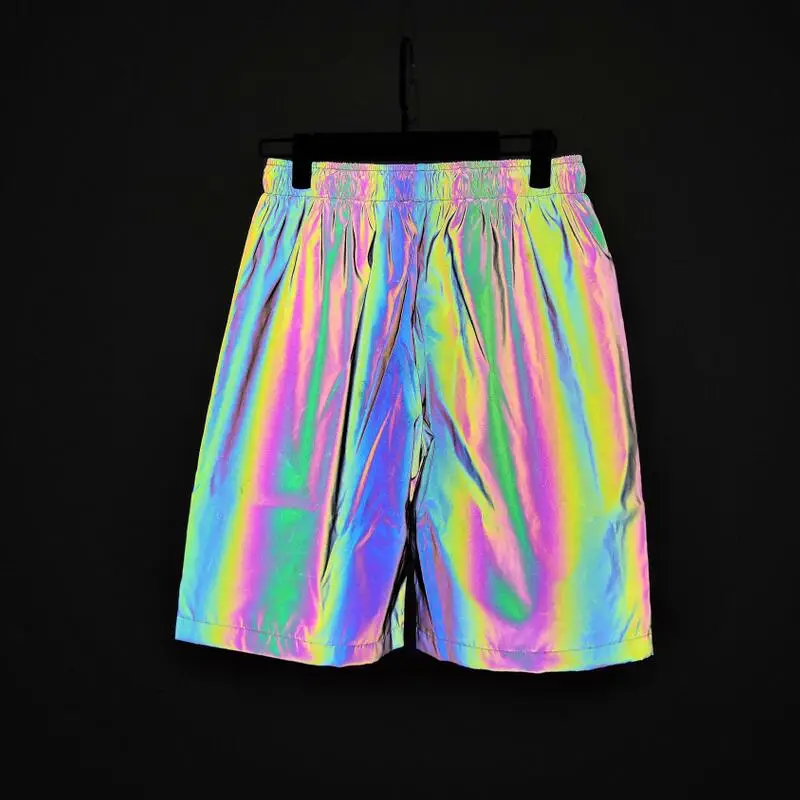 Fashion Holographic Men\'s Black Reflective Rave Rainbow Shorts Festival Party Psychedelic Shorts