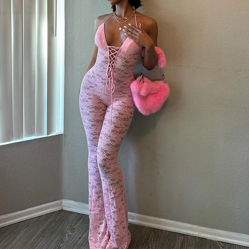 

Sexy Sheer Lace Summer Jumpsuits For Women Backless Sleeveless Cute Halter Tops Flare Leg Slim Party Club Rompers