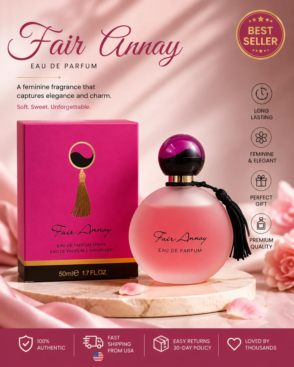 

Fair Annoy Eau De Parfum For Women 50ml - Long Lasting Floral Fragrance - Elegant Gradient Bottle Perfume with Tassel - Birthday Gift For Her