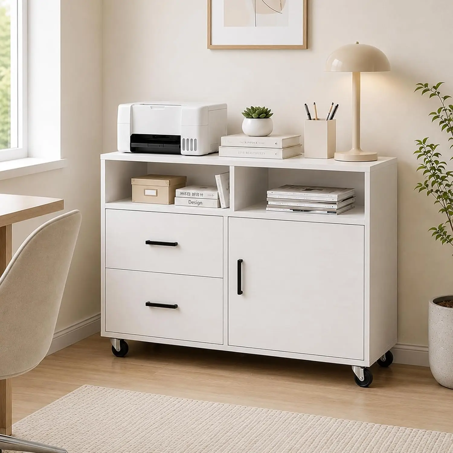 Farmhouse 2-Drawer Wooden Lateral File Cabinet with Wheels, Open Storage Printer Stand for Home Office, Customized