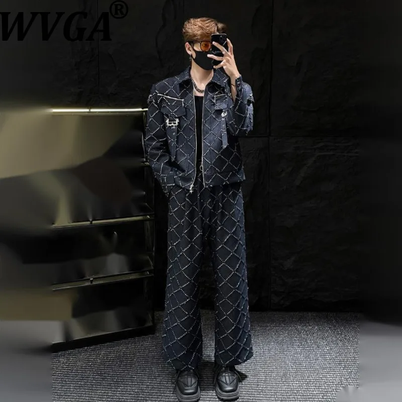 

Мужской джинсовый костюм-двойка WVGA: модная куртка с ромбовидным узором и прямые джинсы. Новинка сезона Весна-Осень. W20297