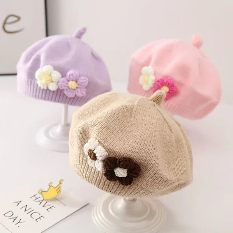 Gorro de boina de flores para bebé, gorro de punto cálido para invierno para niñas pequeñas, gorros de pintor de Color sólido de artista de princesa coreano para niños pequeños