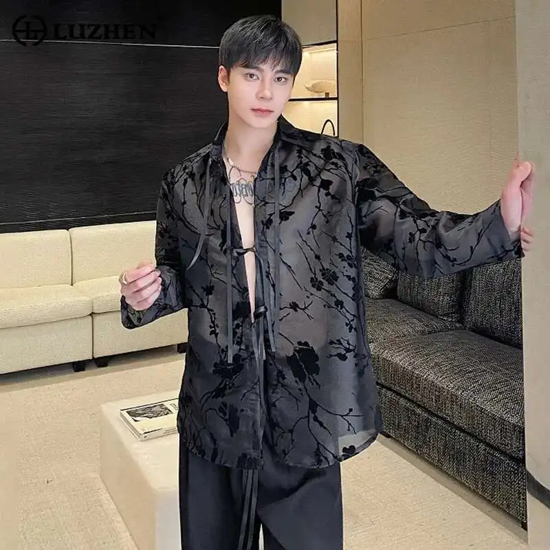 LUZHEN Jacquard Translucent Design Fashion Personality Long Sleeved Shirts Trendy Street Original Men's Thin Loose Tops LZ7082