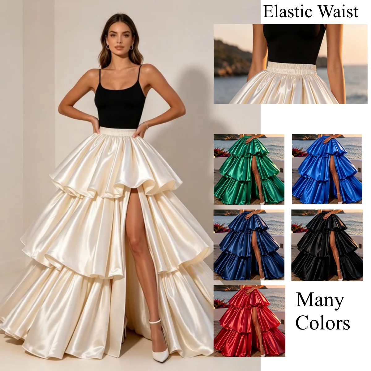 Elastic Waist Tiered High Low Skirt Women Ruffled Split Long Skirt Evening Party Skirt Prom Wedding Guest Birthday Photoshoot