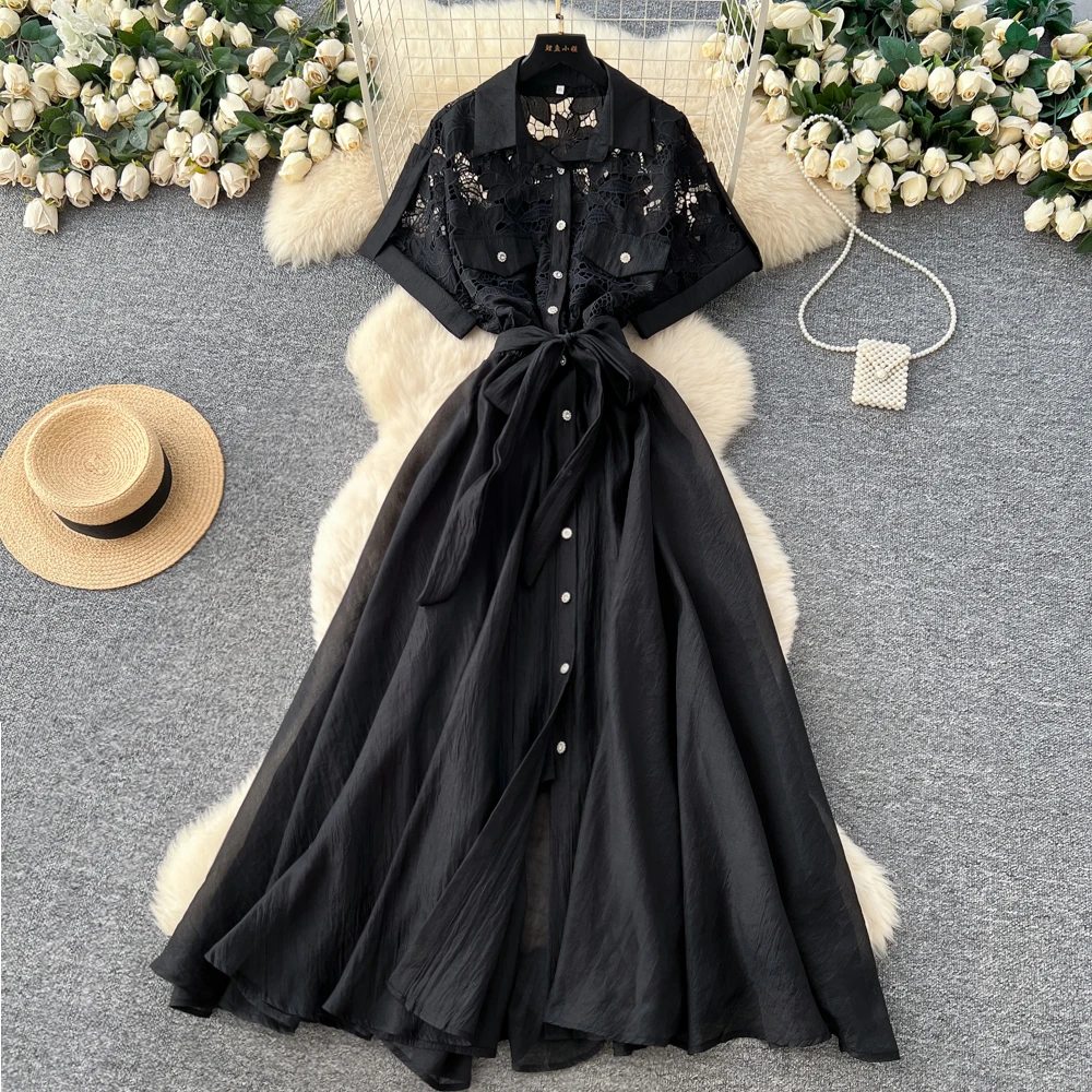 فستان أنيق بأكمام قصيرة مفرغ من Fairycore أنيق للحفلات النسائية فستان عتيق للخريف على شكل حرف a #3