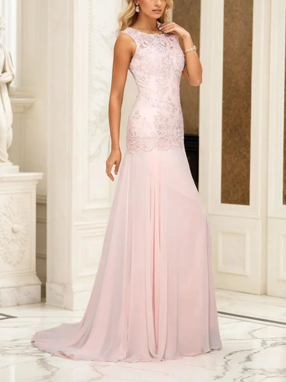 

Fashions Elegant Mermaid Prom Gown Sleeveless Scoop Neck Lace Appliques Sweep Train Chiffon Evening Dress 2025 Free Customized