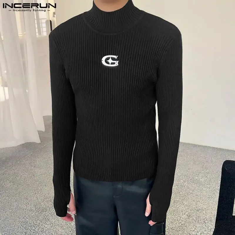 

INCERUN Tops 2023 Handsome New Men Half High Collar Thimble Pullover Casual Fashionable Solid Knitted Long Sleeved Sweater S-5XL