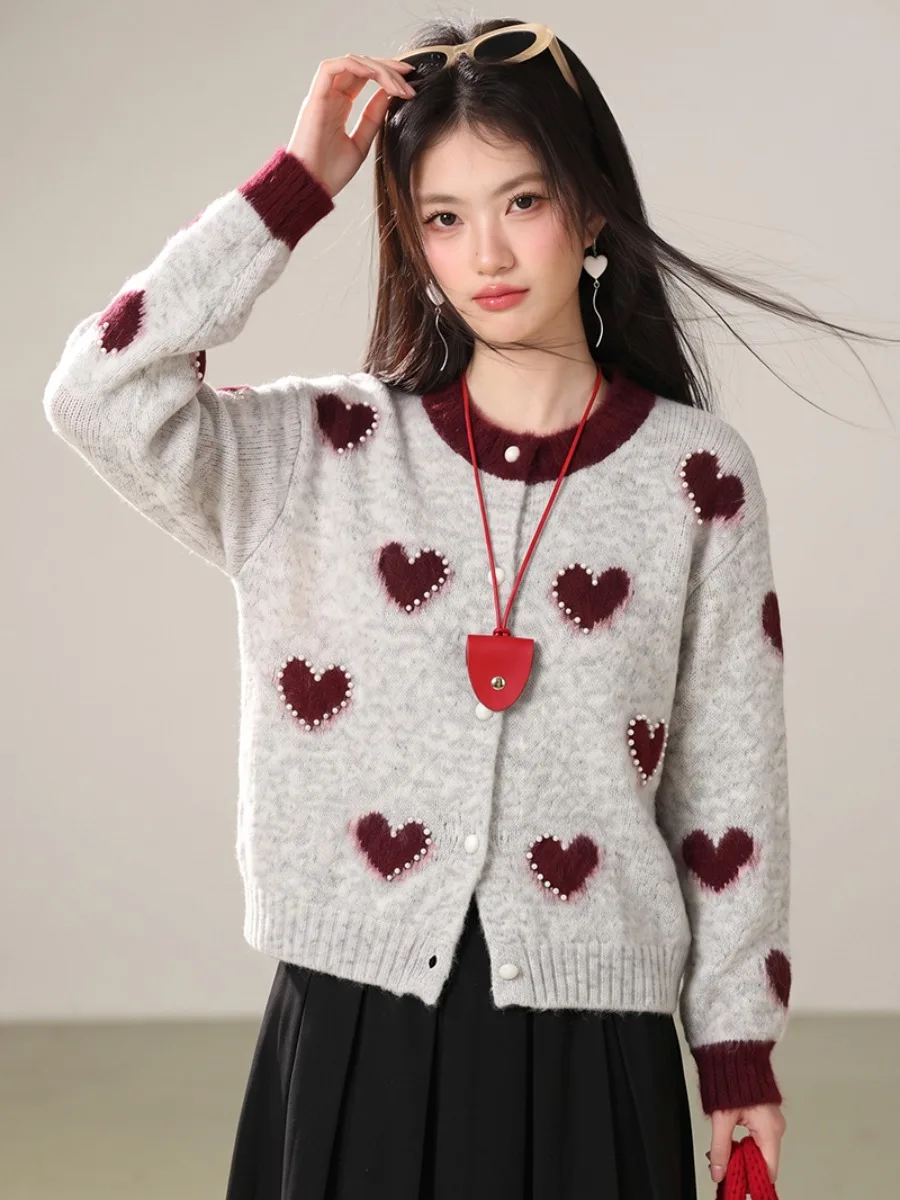 Color Block Knitted Open Cardigan Women's Loose Long Sleeve round Neck Sweater Coat Sweet Style Autumn Winter New Arrival