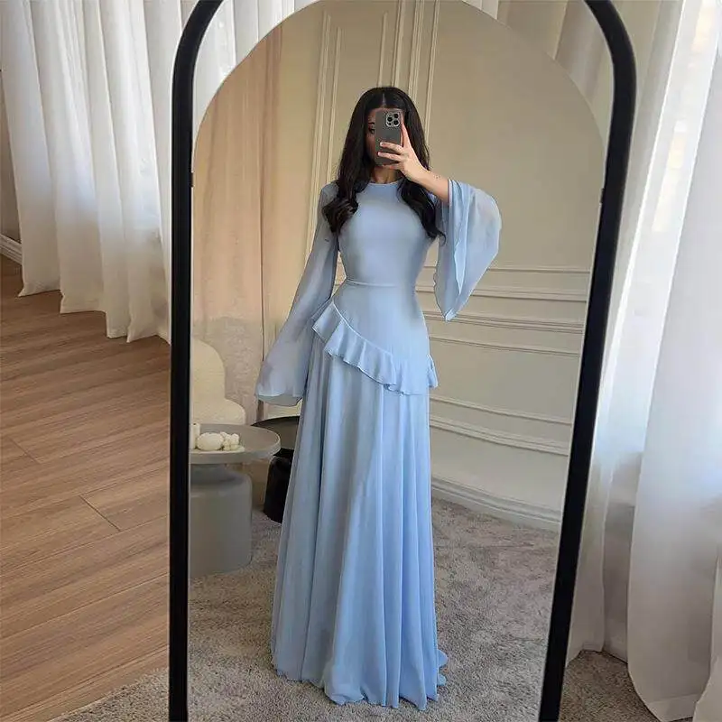 Pure Desire round Neck Slim Fit Long Sleeve Dress High Waist Ball Gown Style Three Acetate Fiber Mid-Year Casual Women's Dress