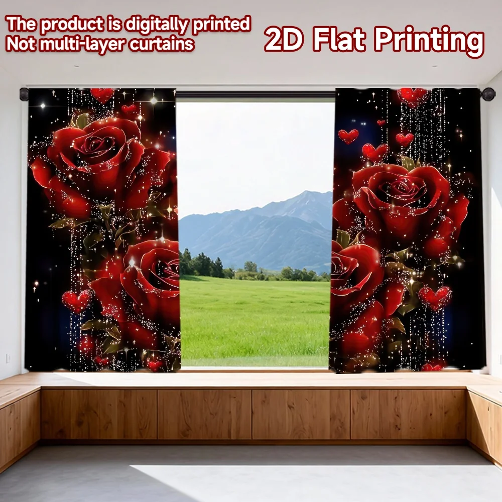 

2D flat printing 2pcs Curtain Valentine's Sparkling Red Roses Digital Printed Polyester Drapes Festive Wall Decor for living