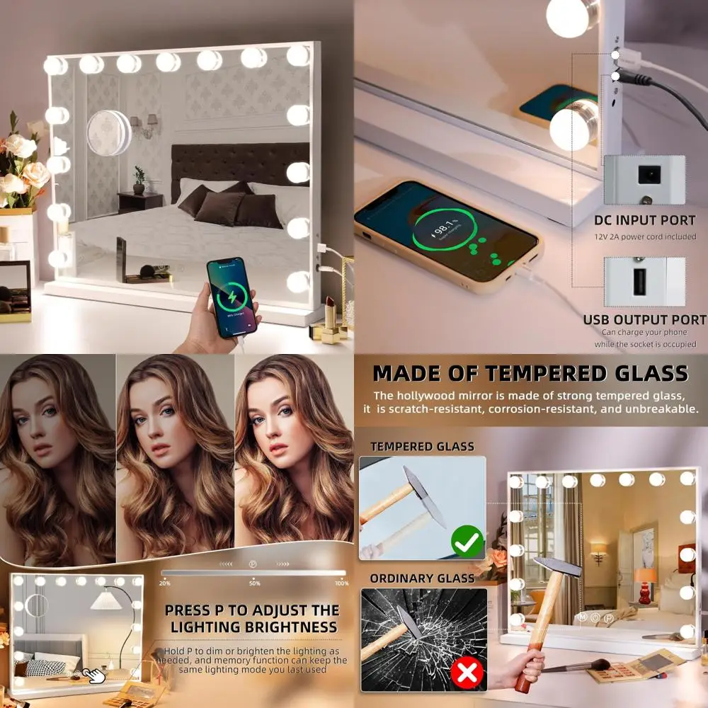

LED Lighted Makeup Mirror Hollywood Style, 15 Bulbs, 22.8x18 Inches, 3 Color Options, Large Vanity Mirror for Makeup