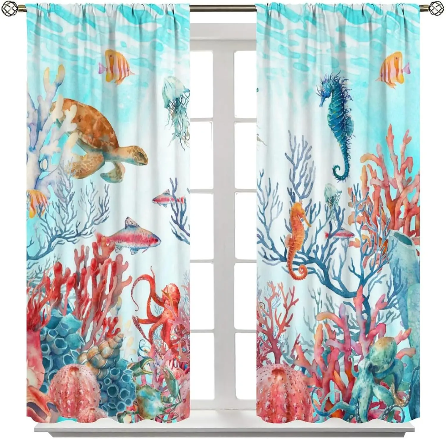 Blue Ocean Seaworld Curtains for Kids,Watercolor Sea Turtles Coral Starfish Shells Under the Sea Octopus Seahorse Sea Creatures