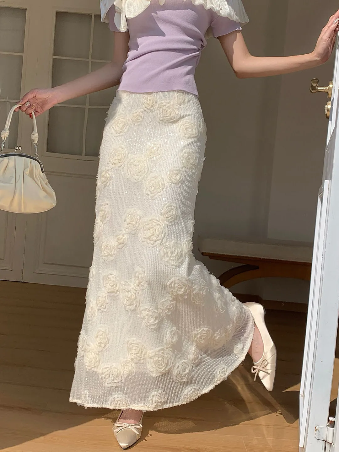 

Emily Clud Recommended 3D Flower Sequin f Skirt Women's Spring Summer High Waist A-Line Fi Tail Long Skirt iny Par D...