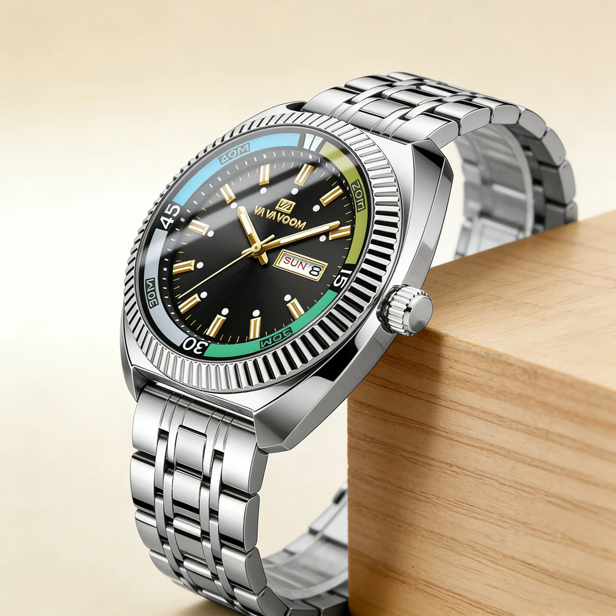 VA VA VOOM Gold-Tone Stainless Steel Watches Green Dial Luxury Ideal Business & Casual Wear 3Bar Waterproof Quartz Watch for Men
