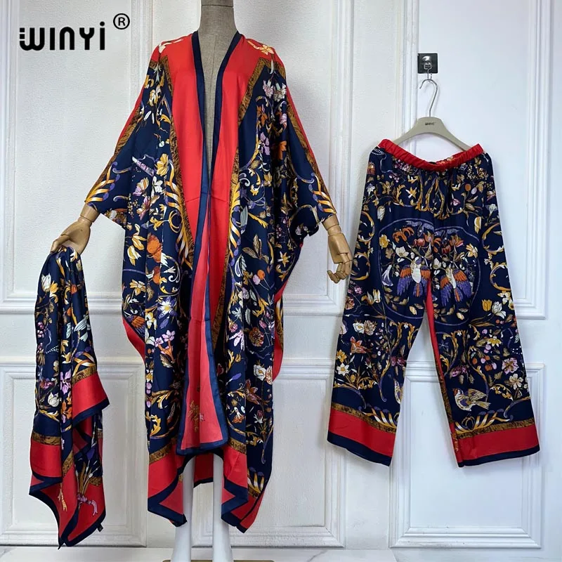 WINYI Africa new print kimonos 2 piece sets women outfit Long Cardigan And Wide Leg Pant Sets Pants Suits holiday beach cover u