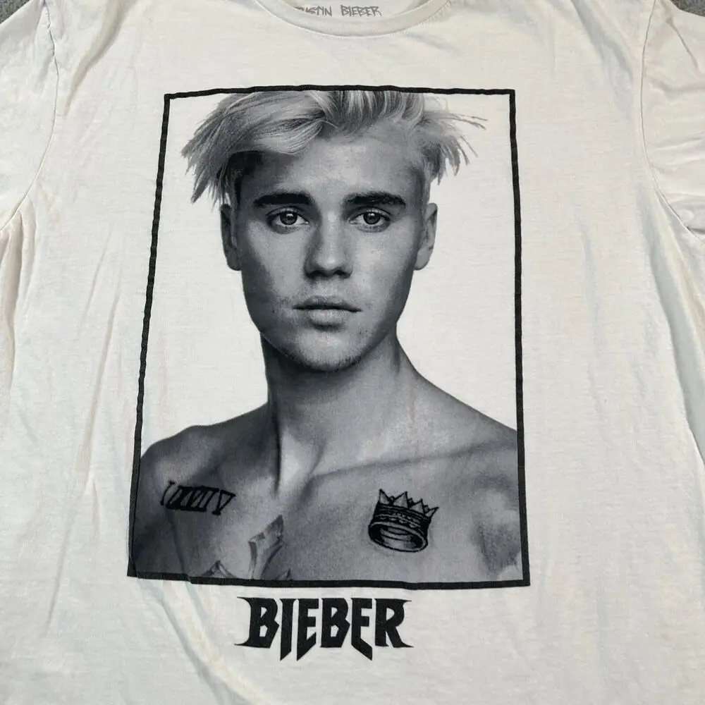 Justin Bieber Portrait Women's T-Shirt Size XXL 2XL White Graphic Tee Pullover