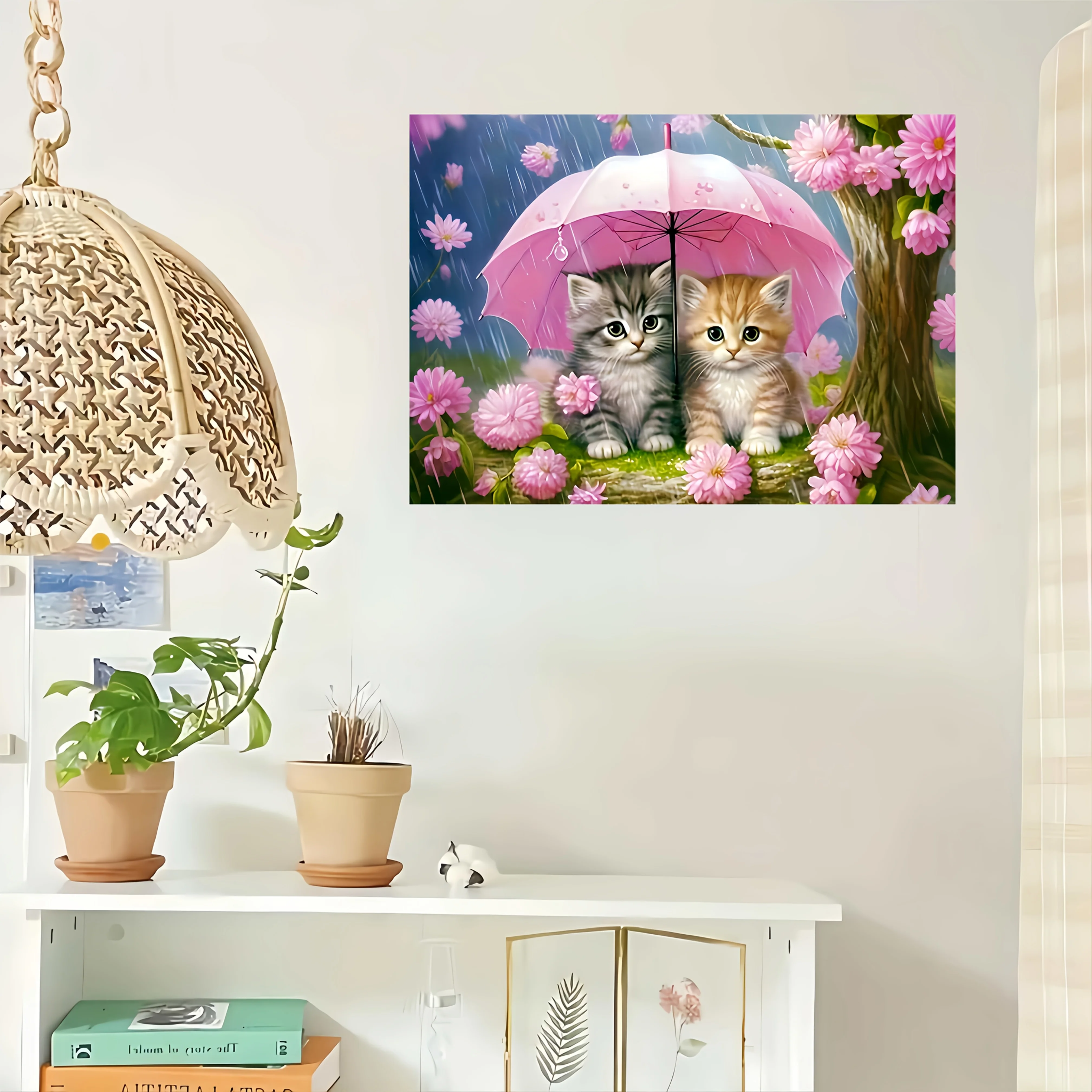 1000 stuks dikke kartonnen puzzel geschikt voor volwassenen - schattige kittens onder paraplu met basis en veelkleurige katten, draagbaar