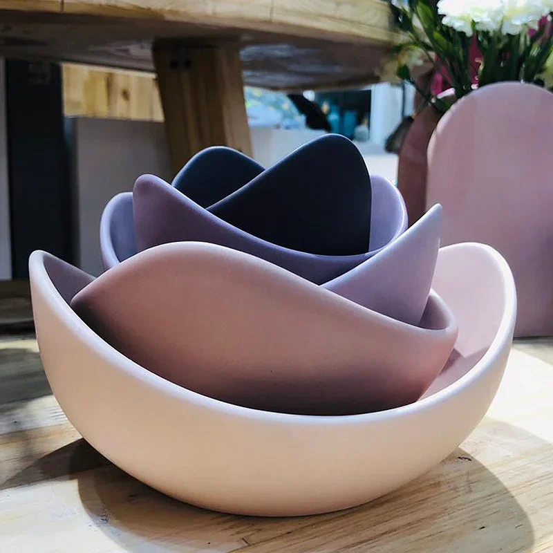 5 Stacked Ceramic Lotus Bowl Dishes Plates Creative Fruit Tray Simple Zen Decor Storage Fruit 3/4/5pcs Set Ceramic Dinner Plates