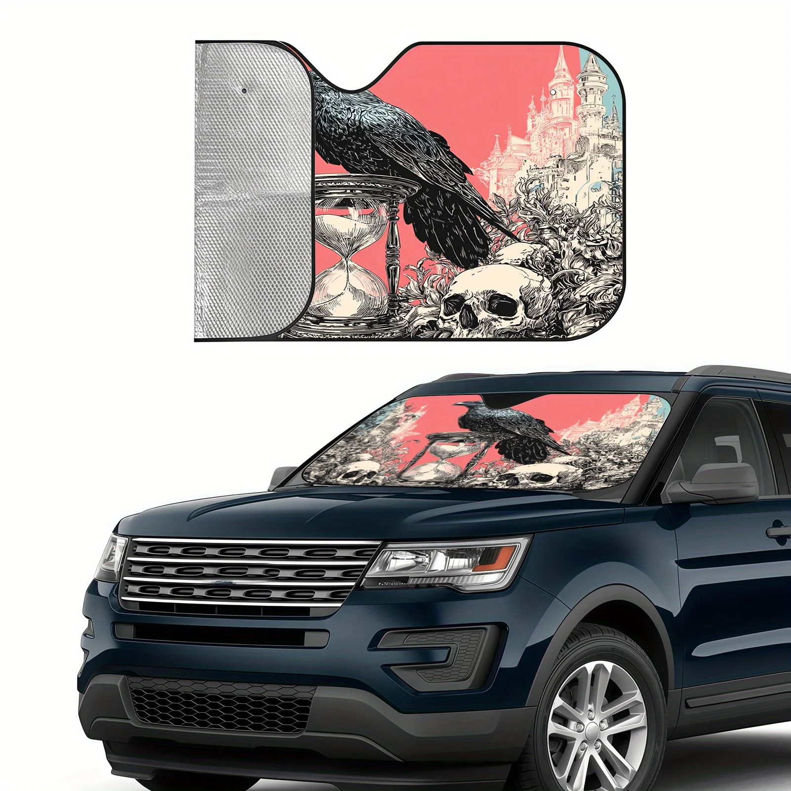A Gothic Castle Raven Hourglass Car Sunshade, Featuring A Dark Fantasy Style, Provides Heat Insulation To Keep The Interior Cool