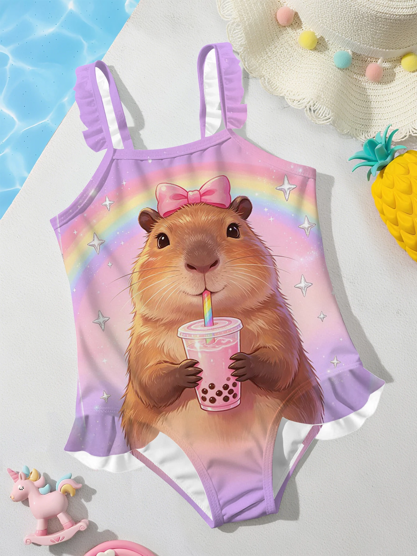 Girls' Summer Atmospheric Capybara Fashionable Tight One-piece Swimsuit