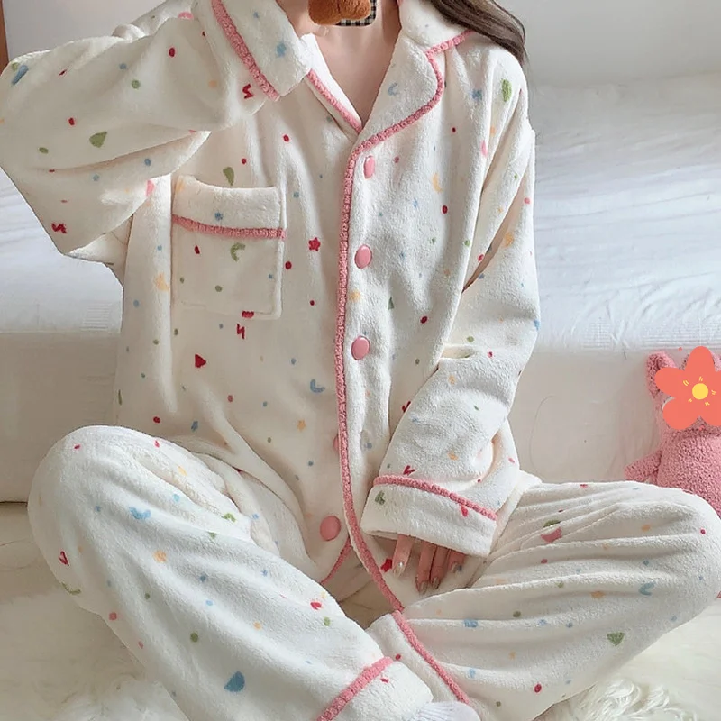 

Korean Version Women's Homewear Pajamas Female Colorful Cardigan Suit Thickened Autumn Winter Sweet Keep Warm Household Clothes