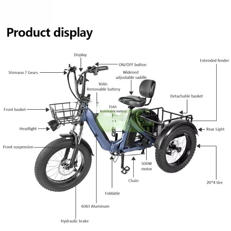 20 Inch Electric Trike Adults 750W Motor Fat Tire 3 Wheel Tricycle Bike Electro Three Wheels Adult  Electric Tricycle Bike