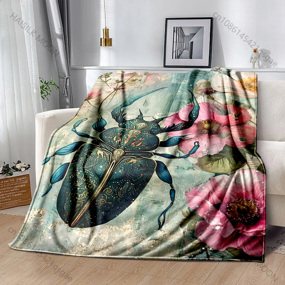 Multiple sizes Beetle with pink flowers Print Blanket Warm Soft for Children Adults Luxury Gifts Home Sofa Travel Camping