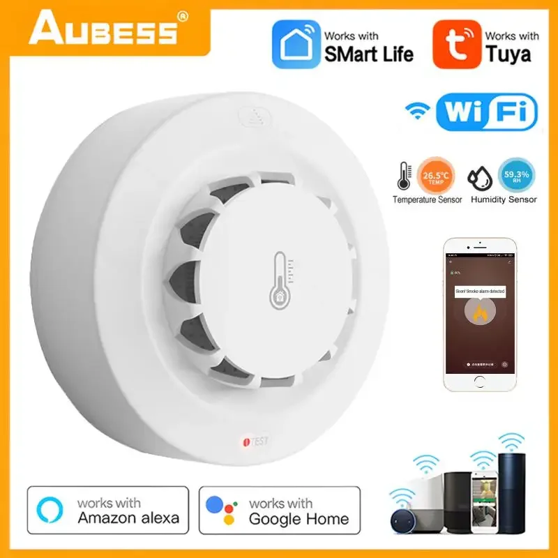 2 in 1 Tuya WiFi Smart Smoke Fire Alarm Temperature and Humidity Sensor Detector Home Security System Alexa Google Assistant