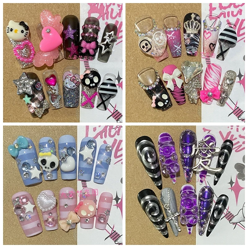 

Kawaii Hello Kitty Y2K Press On Nail Cute Cartoon Star Fake Nails With Glue Long Coffin Stiletto Nails Full Cover Nail Tips Gift