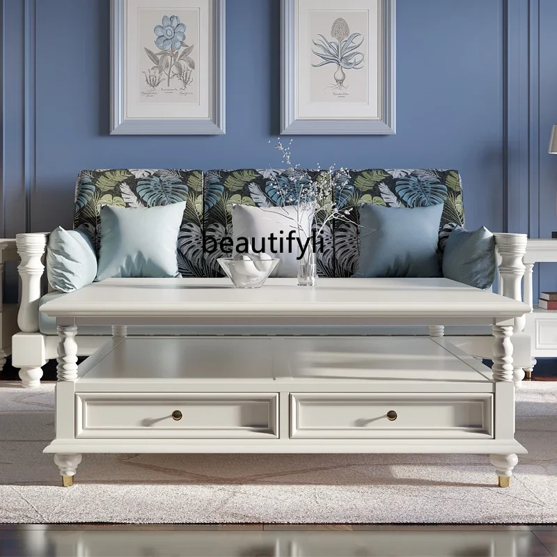 

07American Light Luxury Solid Wood Square Coffee Table Living Room Log Coffee Table Villa Large Apartment