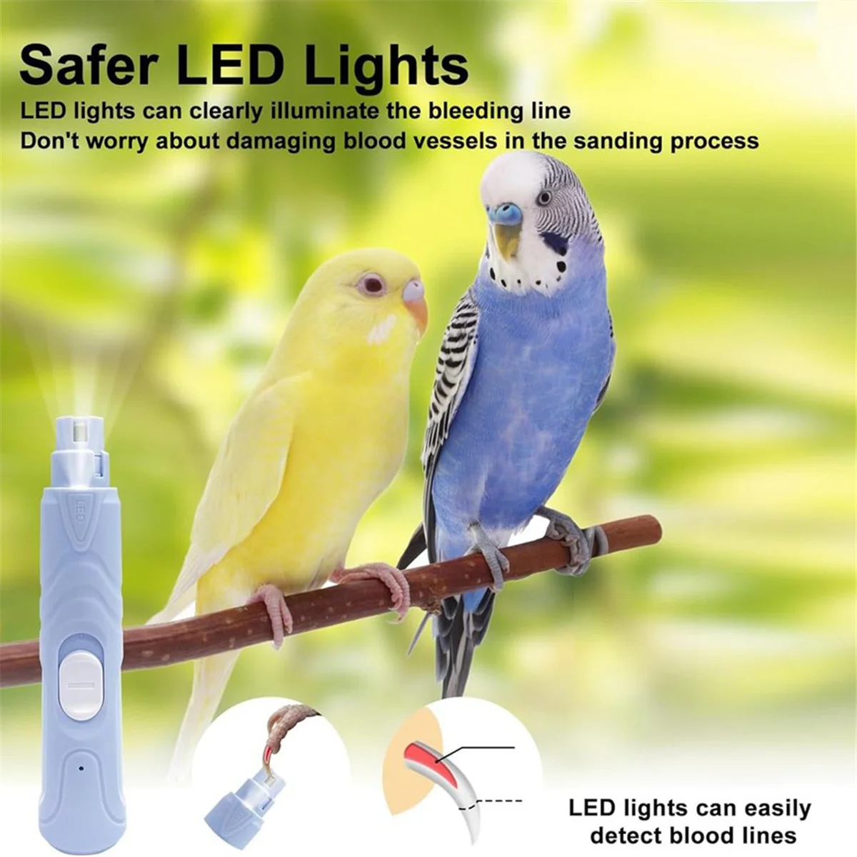 DQ2G Bird Nail Grinder Bird Beak Grinder Silenced Parrots Nail File with LED Lamp Bird Supplies Suitable for Budgerigars