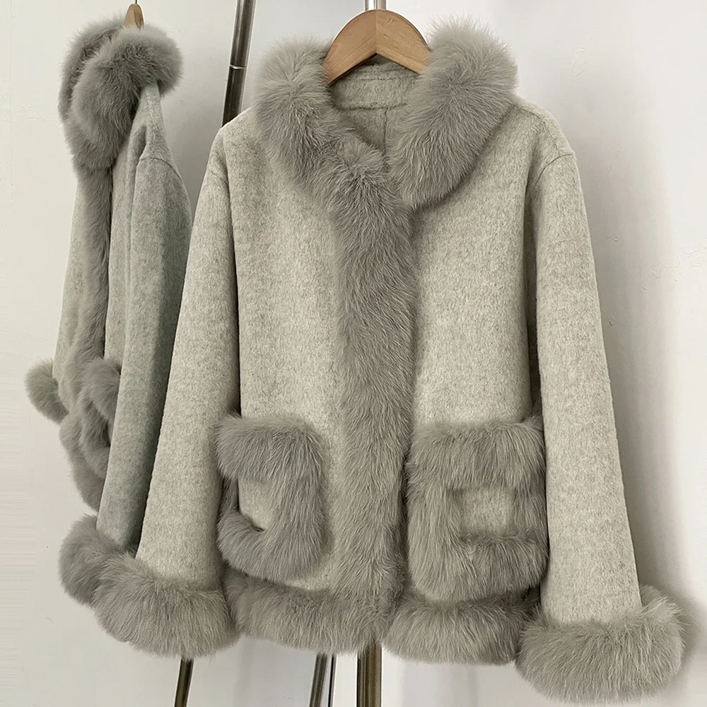 OFTBUY Neue Winter-Wolljacke für Damen, Mittellang, 100% Reine Wolle, mit Echtfuchs-Pelzkragen, Taschen und Saum – Detail 11