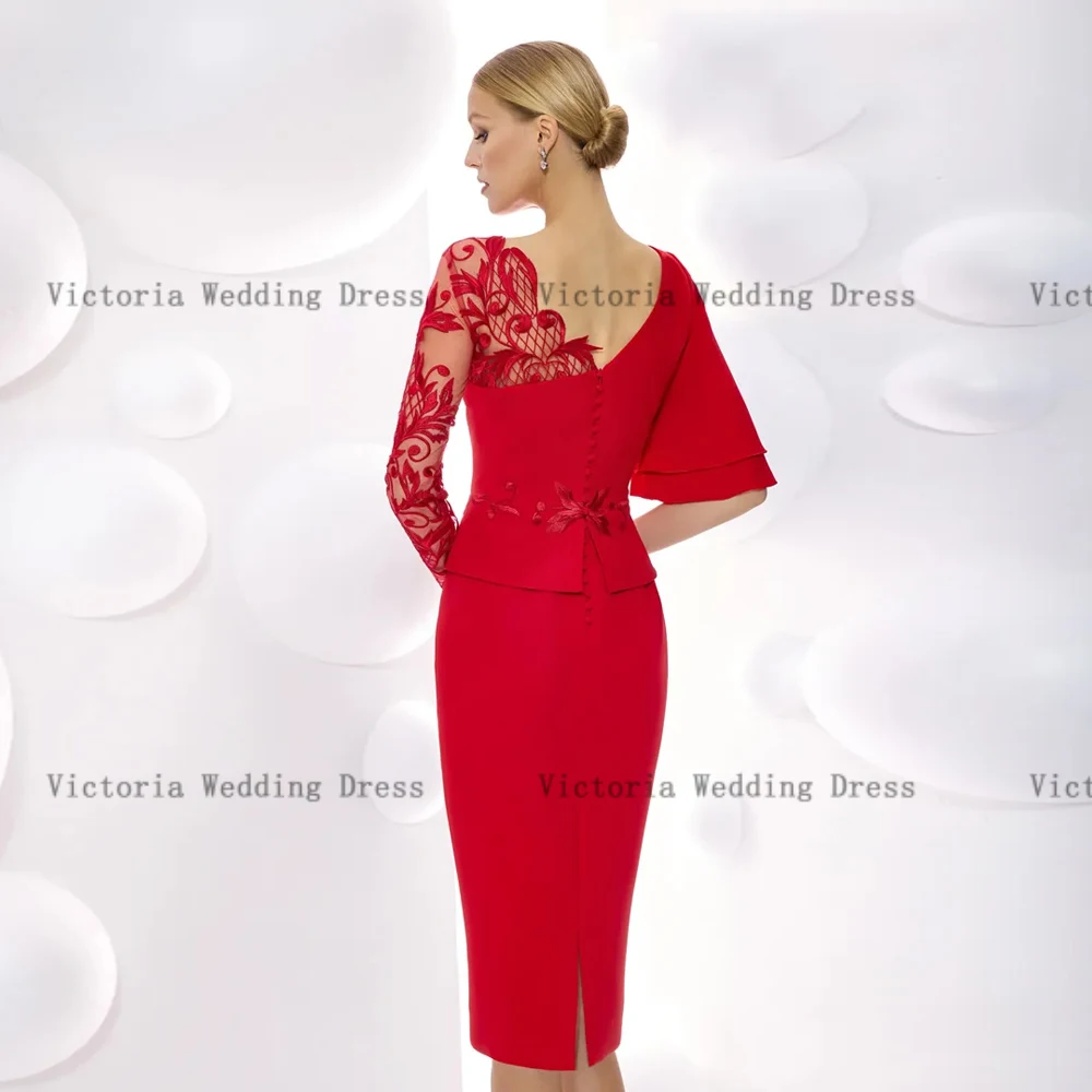 Elegante vestido de sereia vermelho para mãe da noiva, vestidos de casamento O Neck, apliques de comprimento de chá, 2024