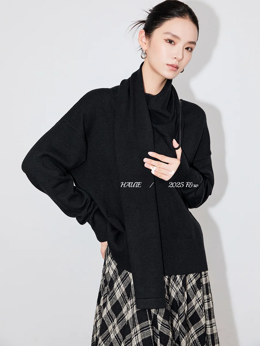 

SUK Retro High Ne Knitted Scarf Sweater Ele Design Casual Loose Fit Women's Faion Warmth Busin Suitable Neline