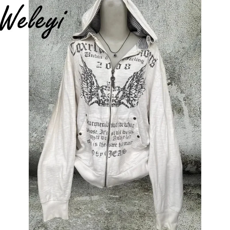 American Retro White Print Gothic Hoodies Women's Autumn Lazy Style Versatile Hooded Jacket Tops Loose Long Sleeve Zip Up Hoodie