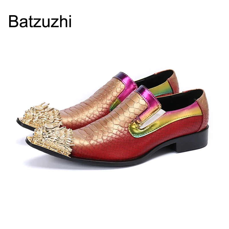 Batzuzhi Golden Metal Toe Leather Dress Shoes Men Italian Type Men's Shoes Slip on Rock Party and Wedding Shoes Men, US6-US12